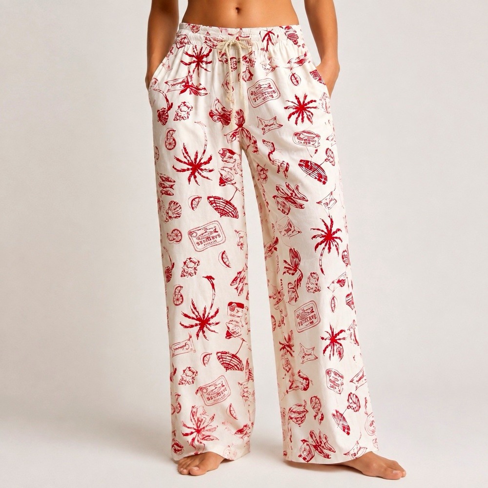 April Kiss Linen Blend Beach Pants Women S Red White Coastal Wide Leg Resort